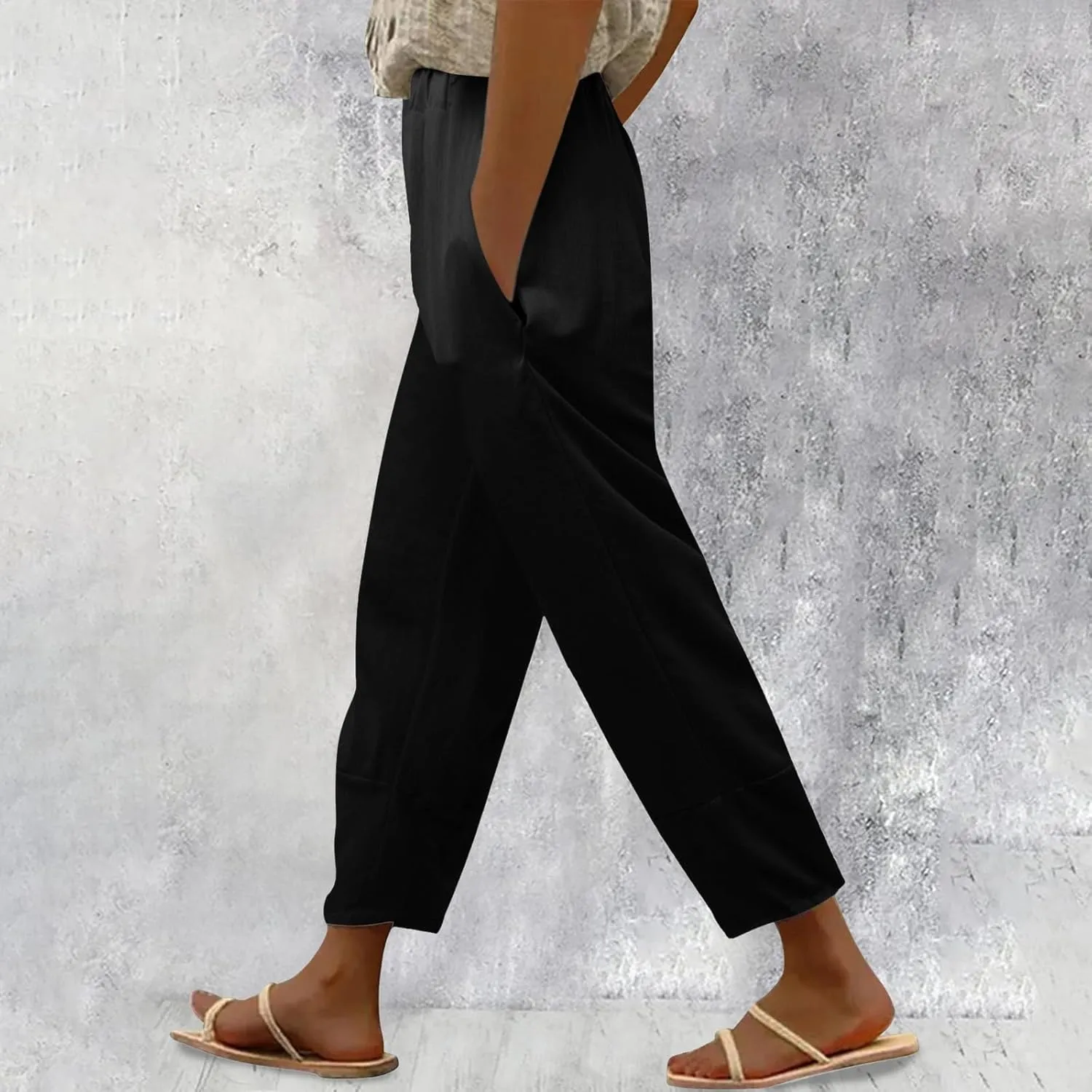 Women Linen Blend Summer Print Pant Trousers Low Waist Straight Loose Fit Pant Trousers Travel