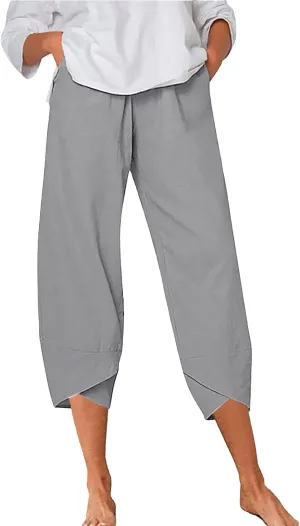 Women Linen Blend Summer Y2K Fashion Palazzo Pants High Waist Straight Slim-Fit Pant Trousers Work Business