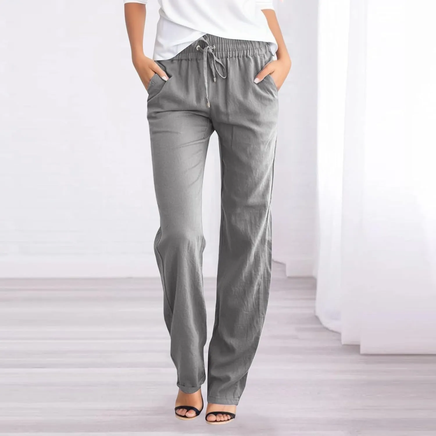 Women Linen Casual Pants Loose Fit High Waist Straight Leg Trousers Palazzo Pants with Drawstring Baggy Athletic Jogger Pants