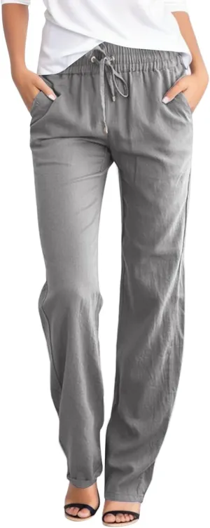 Women Linen Casual Pants Loose Fit High Waist Straight Leg Trousers Palazzo Pants with Drawstring Baggy Athletic Jogger Pants