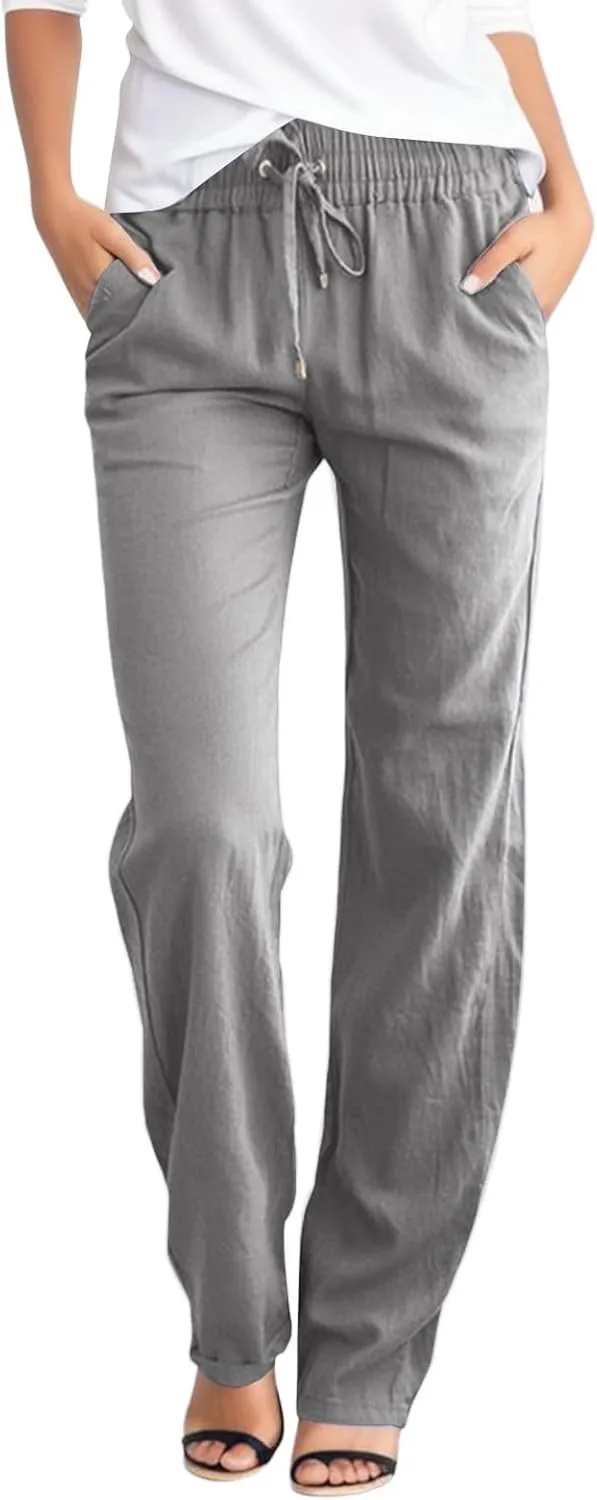 Women Linen Casual Pants Loose Fit High Waist Straight Leg Trousers Palazzo Pants with Drawstring Baggy Athletic Jogger Pants