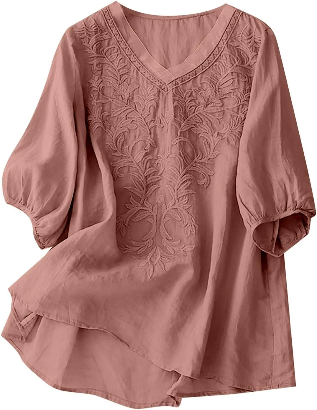 Women Linen Shirts V-Neck Embroidered Blouse Lapel Collar 2025 Fashion Tops Short Sleeve Loose Fit Tunic Tops