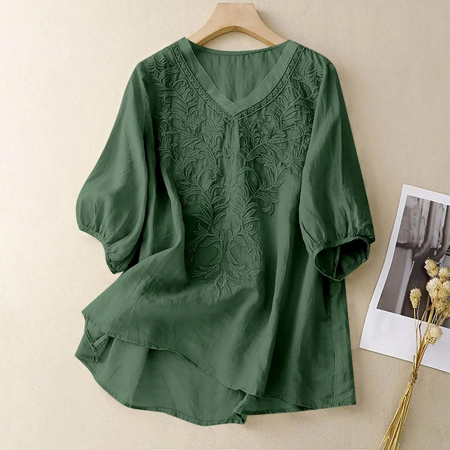 Women Linen Shirts V-Neck Embroidered Blouse Lapel Collar 2025 Fashion Tops Short Sleeve Loose Fit Tunic Tops