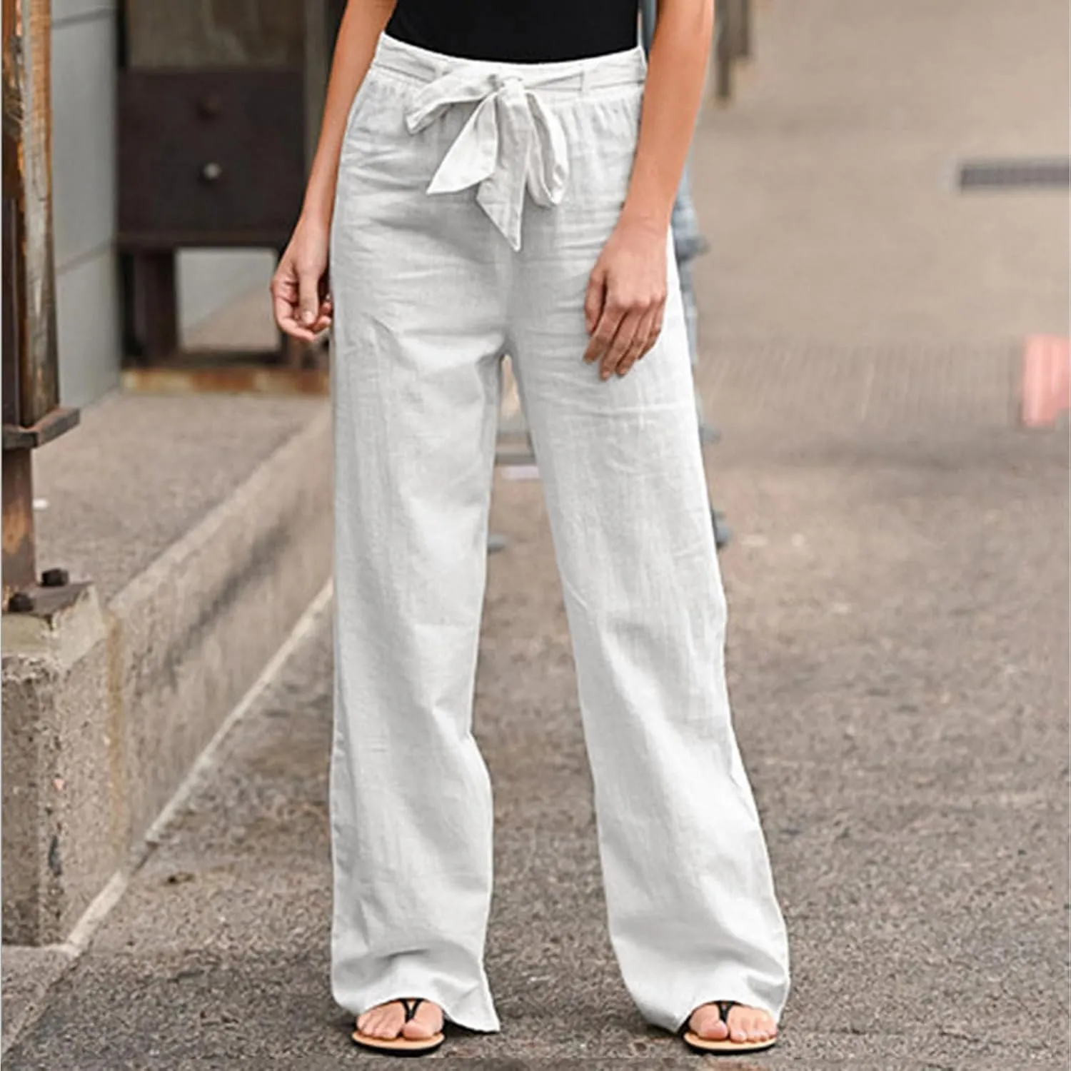 Women Linen Summer Baggy Pant Trousers Elastic Waist Ankle Length Slim-Fit Pant Trousers Office