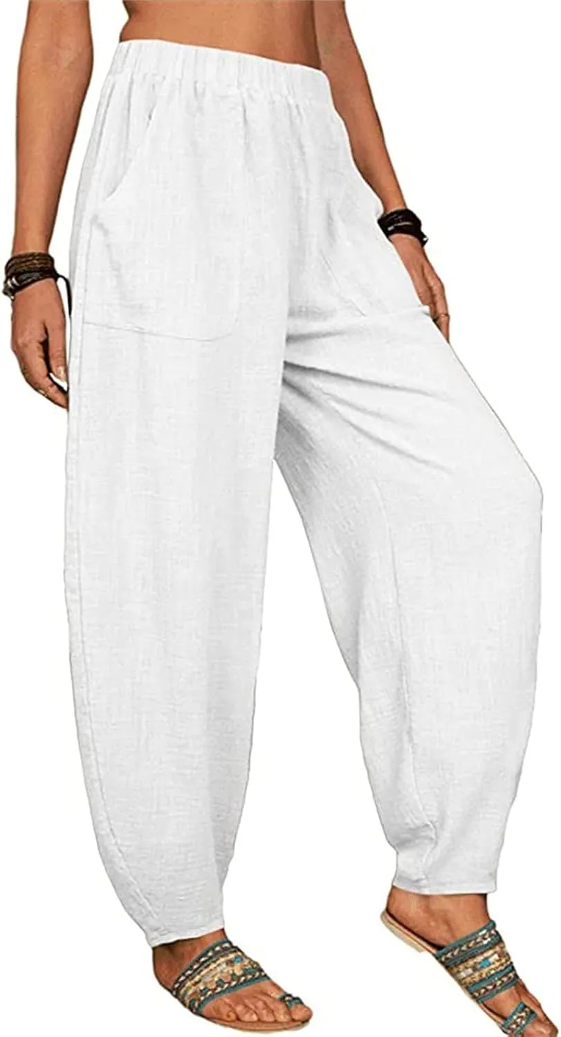 Women Linen Summer Baggy Pant Trousers Low Waist Stretchy Straight Loose Fit Pant Trousers Beach