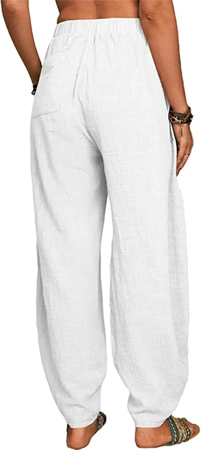 Women Linen Summer Baggy Pant Trousers Low Waist Stretchy Straight Loose Fit Pant Trousers Beach
