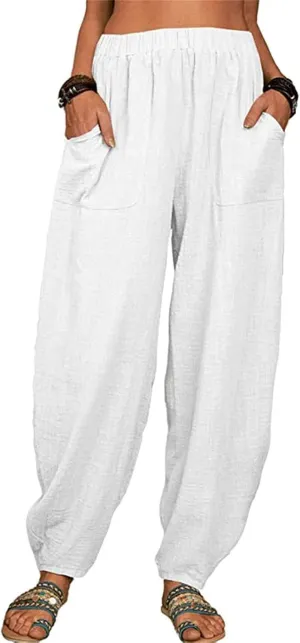 Women Linen Summer Baggy Pant Trousers Low Waist Stretchy Straight Loose Fit Pant Trousers Beach