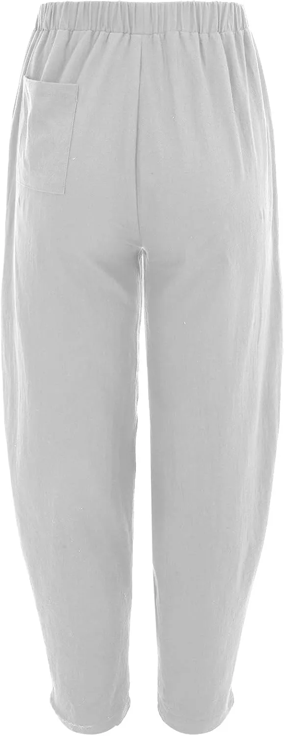 Women Linen Summer Baggy Pant Trousers Low Waist Stretchy Straight Loose Fit Pant Trousers Beach