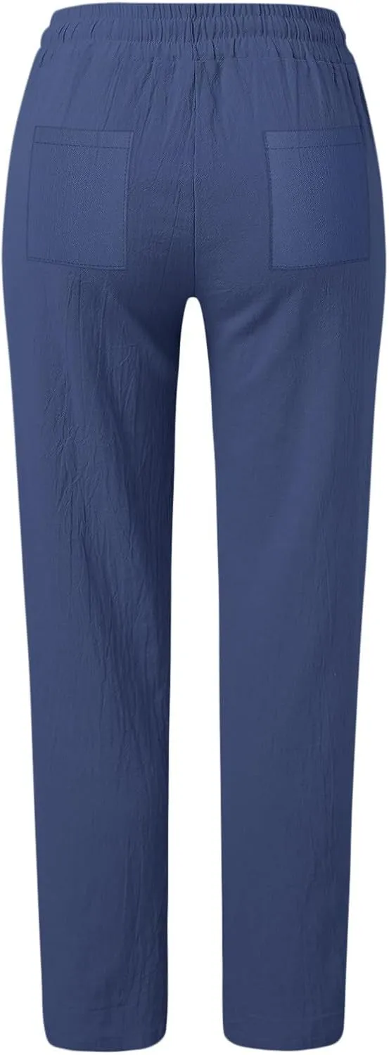 Women Linen Summer Breathable Palazzo Pants Low Waist Bootcut Slim-Fit Pants Business Work