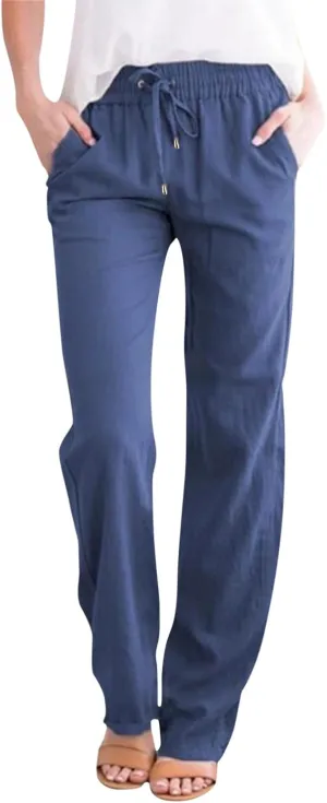 Women Linen Summer Breathable Palazzo Pants Low Waist Bootcut Slim-Fit Pants Business Work