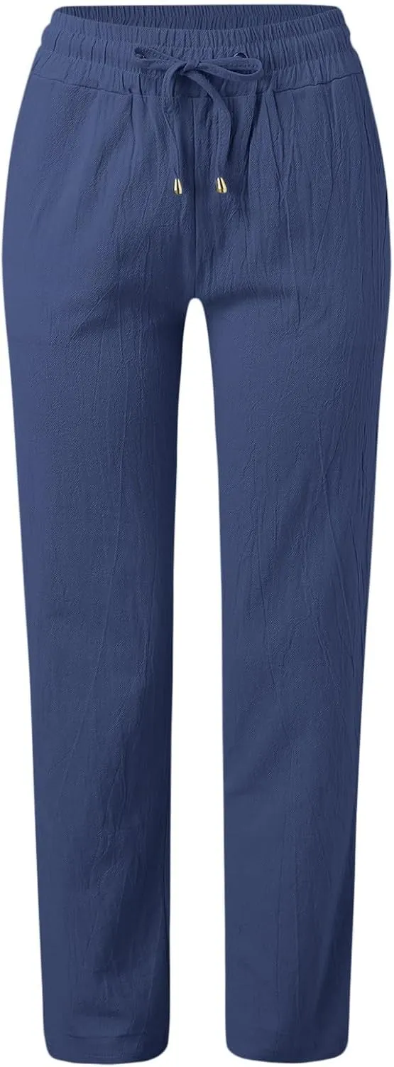 Women Linen Summer Breathable Palazzo Pants Low Waist Bootcut Slim-Fit Pants Business Work
