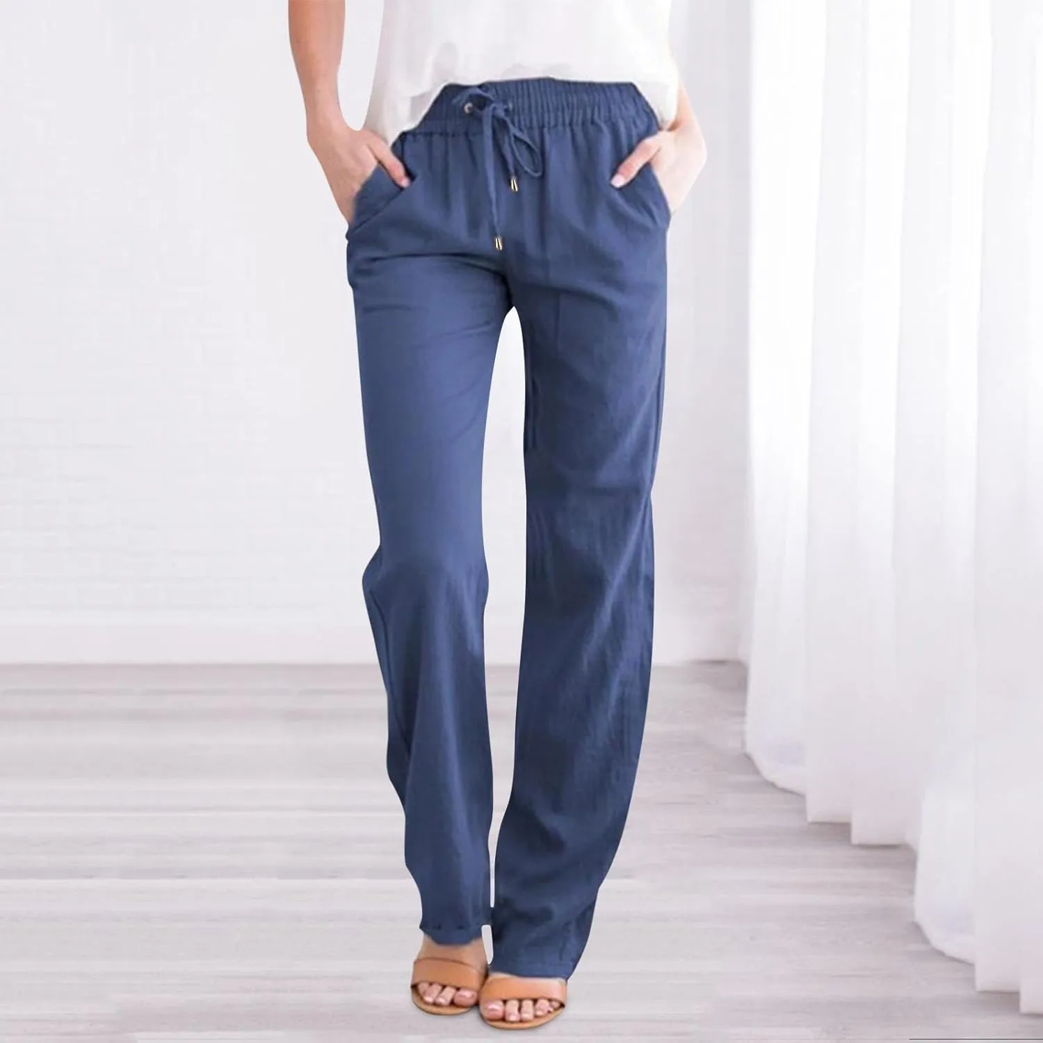 Women Linen Summer Breathable Palazzo Pants Low Waist Bootcut Slim-Fit Pants Business Work