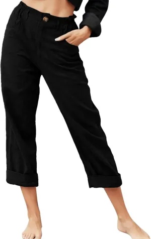 Women Linen Summer Drawstring Palazzo Lounge Pants High Waist Stretchy Slim Fit Trousers Work Business