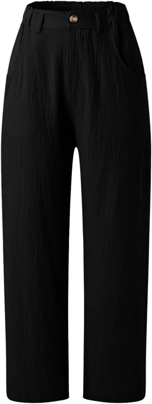 Women Linen Summer Drawstring Palazzo Lounge Pants High Waist Stretchy Slim Fit Trousers Work Business