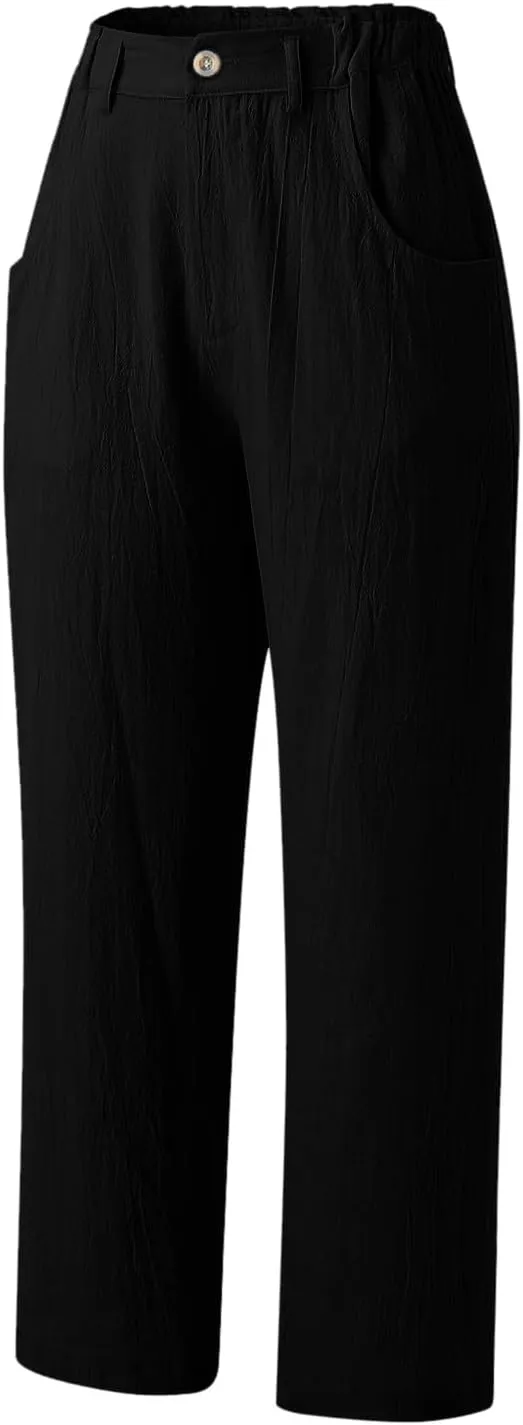 Women Linen Summer Drawstring Palazzo Lounge Pants High Waist Stretchy Slim Fit Trousers Work Business
