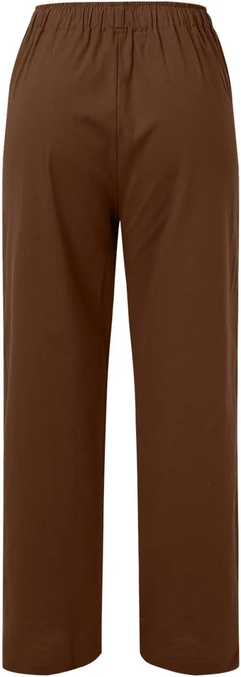Women Linen Summer Floral Pants Low Waist Stretchy Plus Size Palazzo Lounge Pants Travel