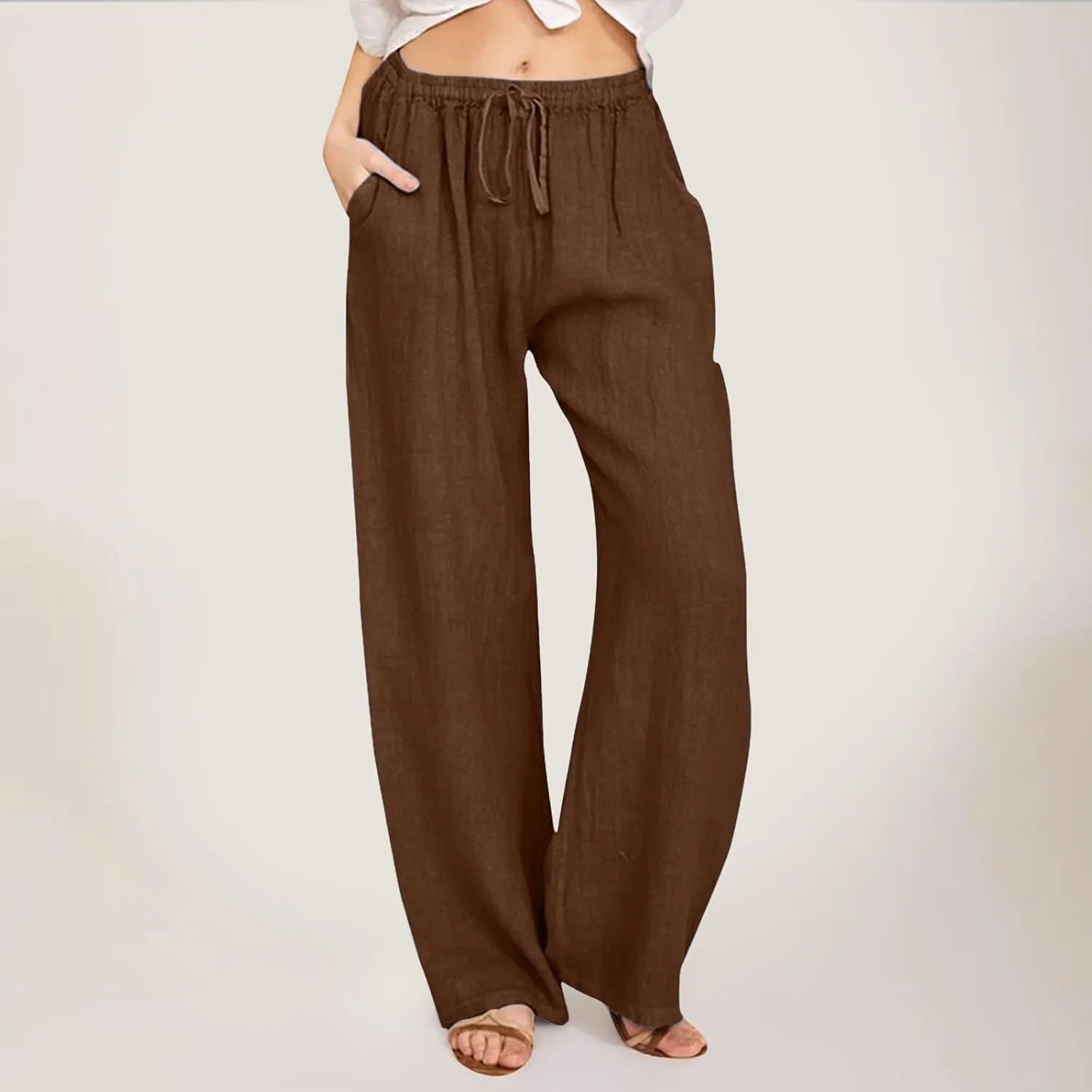 Women Linen Summer Floral Pants Low Waist Stretchy Plus Size Palazzo Lounge Pants Travel