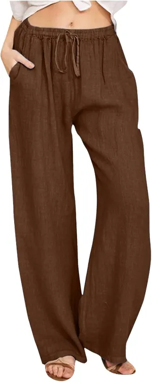 Women Linen Summer Floral Pants Low Waist Stretchy Plus Size Palazzo Lounge Pants Travel