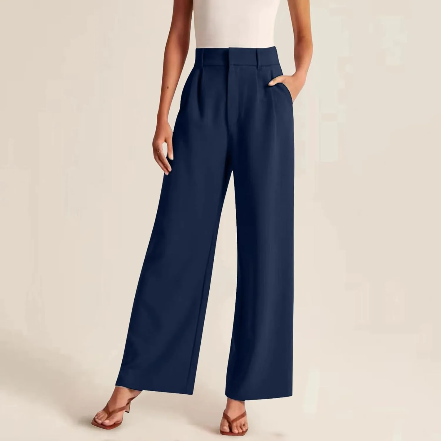 Women Linen Summer Split Flowy Palazzo Pants Low Waist Straight Loose Fit Pant Trousers Office