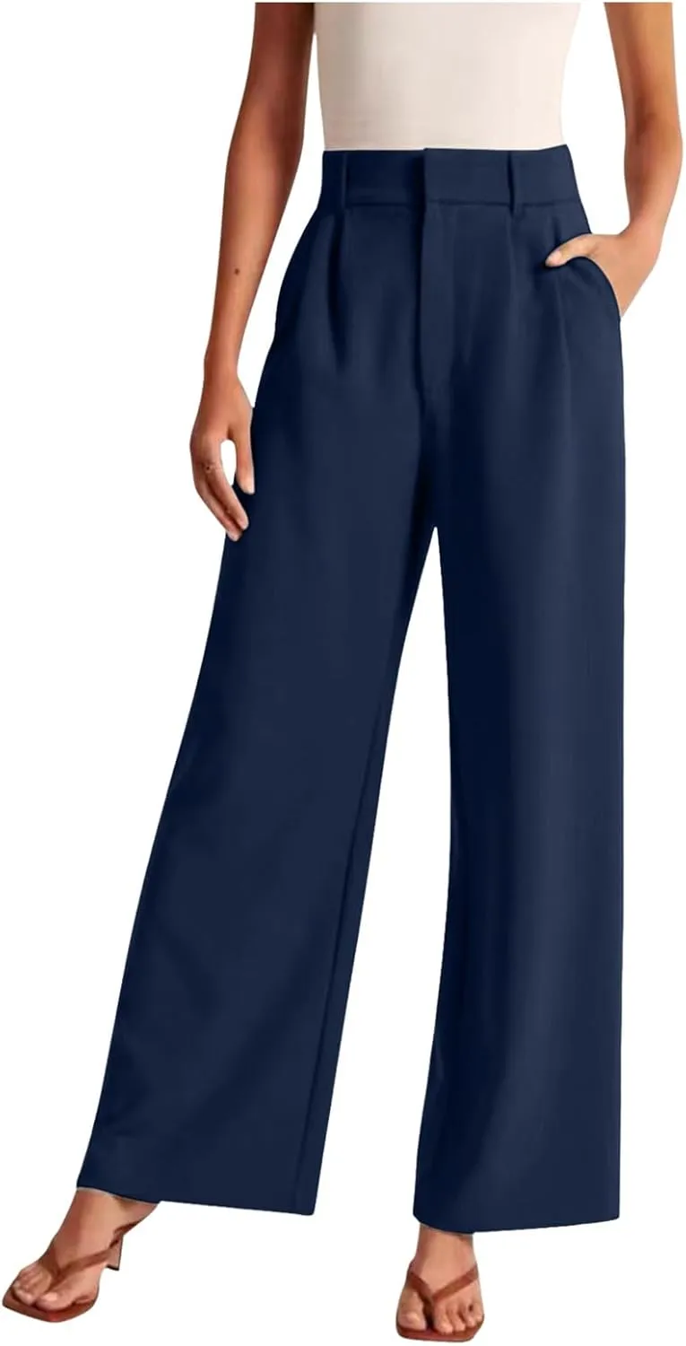 Women Linen Summer Split Flowy Palazzo Pants Low Waist Straight Loose Fit Pant Trousers Office