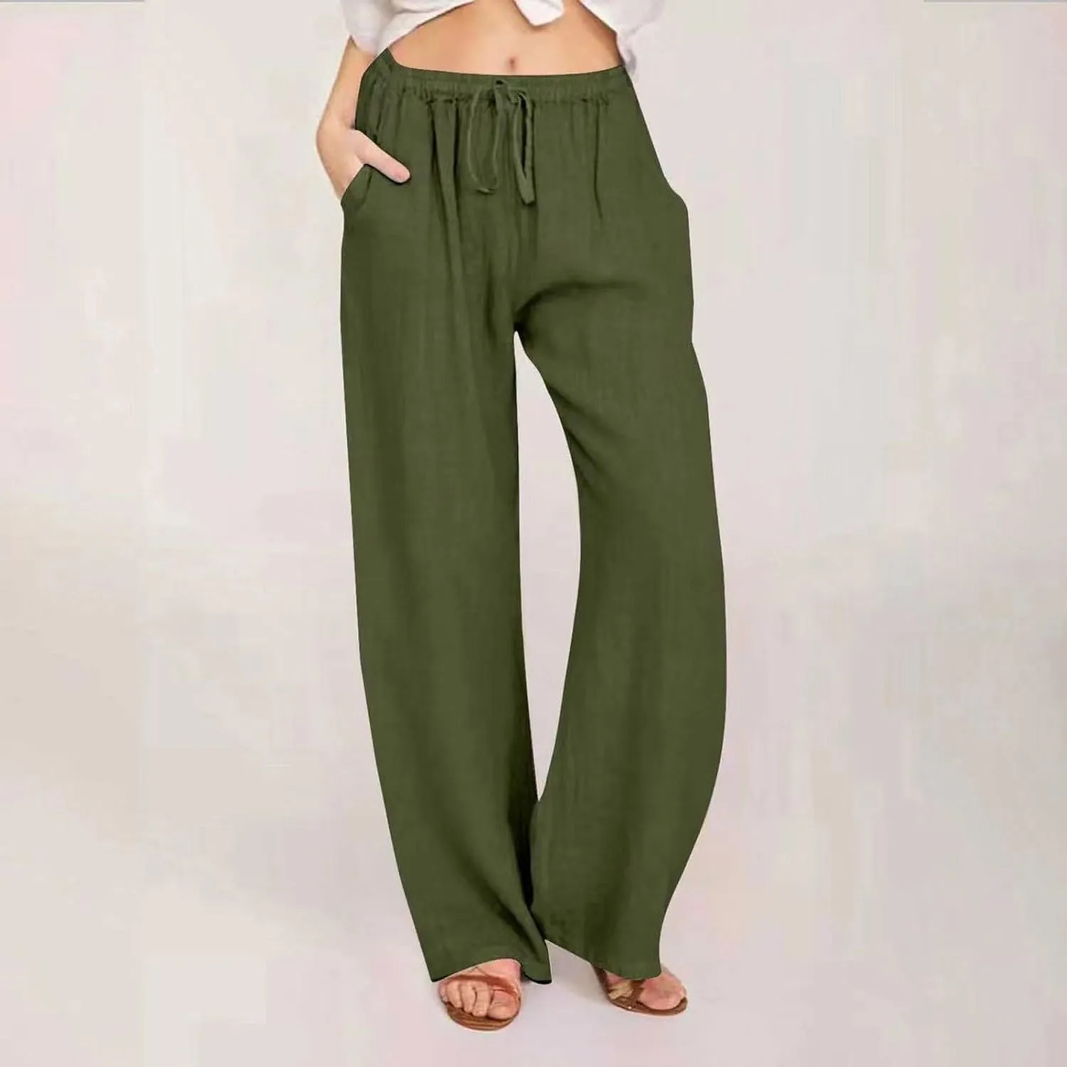 Women Linen Summer Tie Knot Palazzo Pants Low Waist Bootcut Loose Fit Trouser Trendy