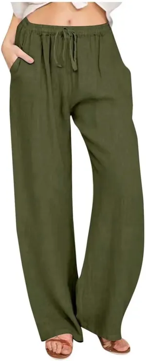 Women Linen Summer Tie Knot Palazzo Pants Low Waist Bootcut Loose Fit Trouser Trendy