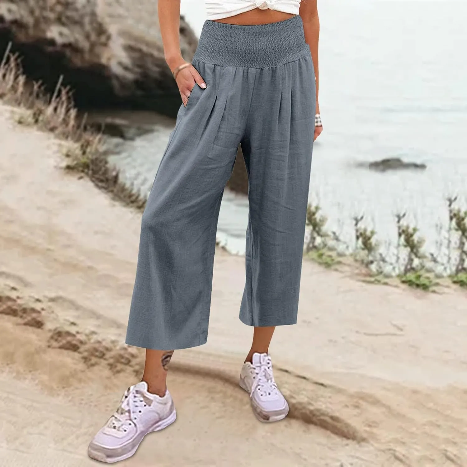 Women Linen Summer Trendy Pants Elastic Waist Ankle Length Slim Fit Pant Trousers Office