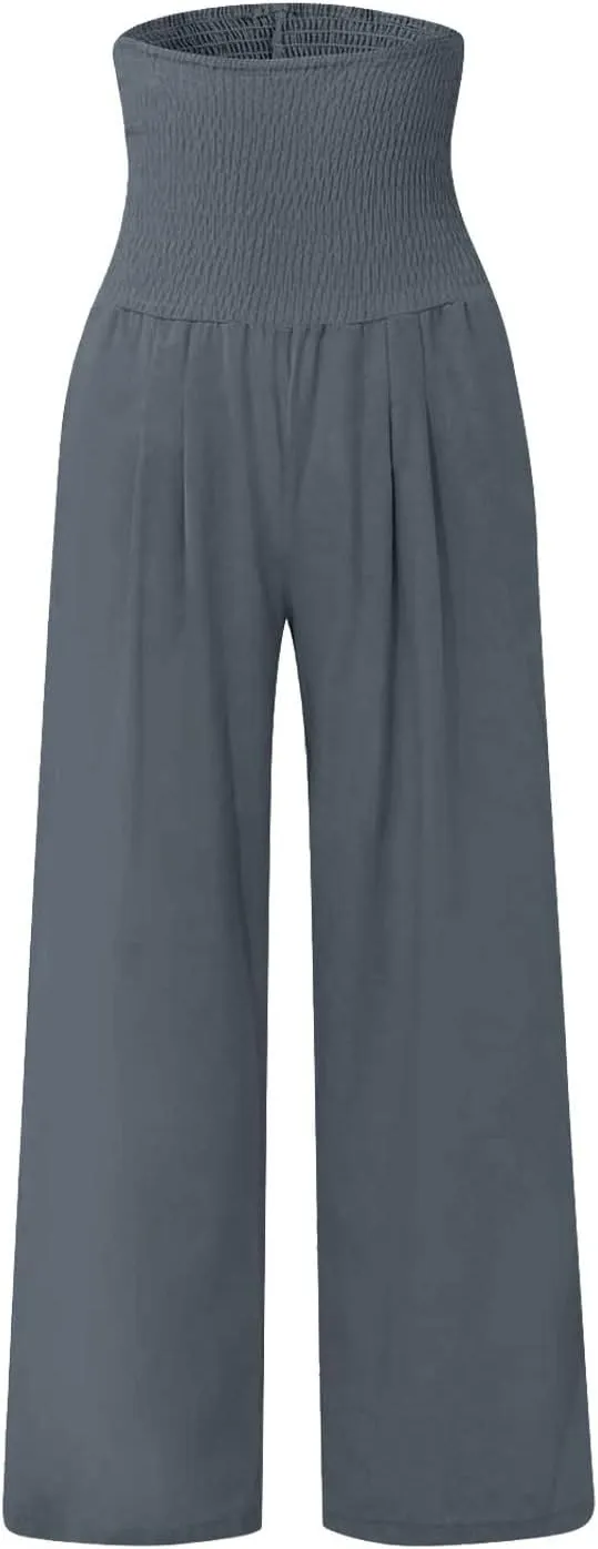 Women Linen Summer Trendy Pants Elastic Waist Ankle Length Slim Fit Pant Trousers Office