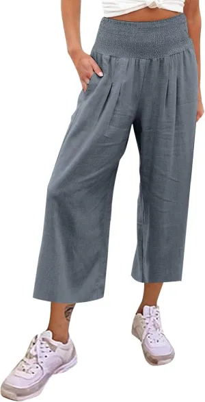 Women Linen Summer Trendy Pants Elastic Waist Ankle Length Slim Fit Pant Trousers Office