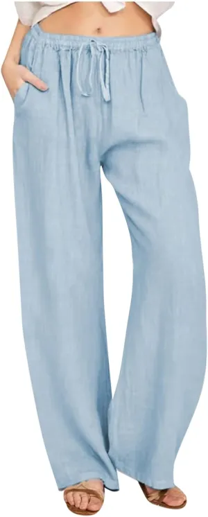 Women Long Linen Pants Casual Loose High Waist Drawstring Wide Leg Palazzo Pants Trousers with Pockets Baggy Slacks