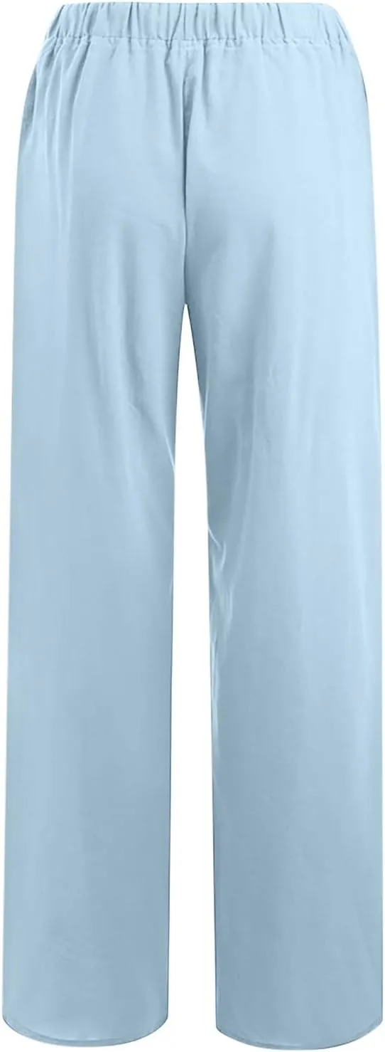 Women Long Linen Pants Casual Loose High Waist Drawstring Wide Leg Palazzo Pants Trousers with Pockets Baggy Slacks