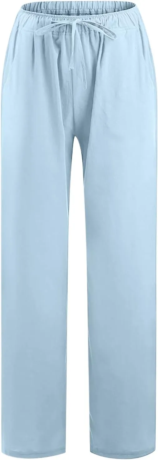 Women Long Linen Pants Casual Loose High Waist Drawstring Wide Leg Palazzo Pants Trousers with Pockets Baggy Slacks