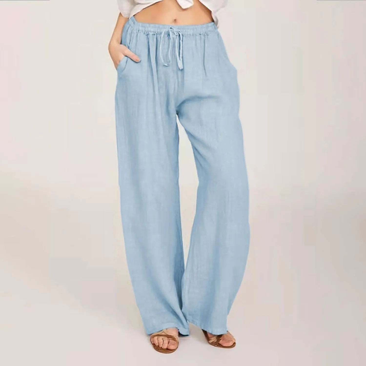 Women Long Linen Pants Casual Loose High Waist Drawstring Wide Leg Palazzo Pants Trousers with Pockets Baggy Slacks