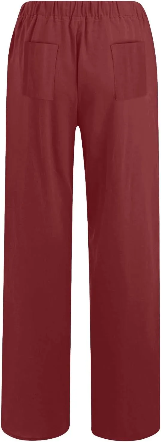 Women Pants High Waist Casual Drawstring Wide Leg Long Pant Solid Color Loose Business Office Trousers with Pockets