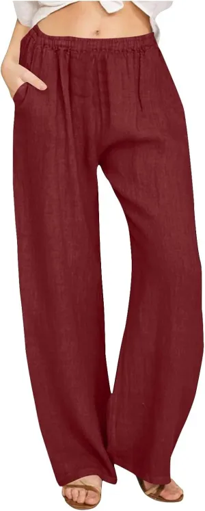Women Pants High Waist Casual Drawstring Wide Leg Long Pant Solid Color Loose Business Office Trousers with Pockets