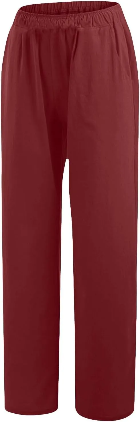 Women Pants High Waist Casual Drawstring Wide Leg Long Pant Solid Color Loose Business Office Trousers with Pockets