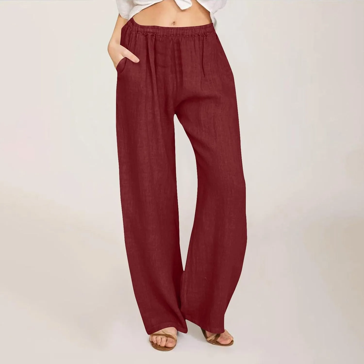 Women Pants High Waist Casual Drawstring Wide Leg Long Pant Solid Color Loose Business Office Trousers with Pockets