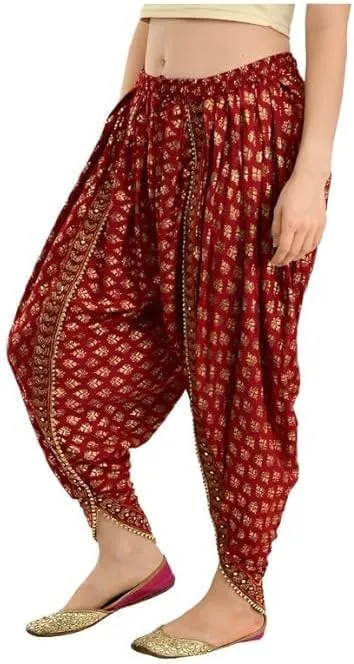 Women Printed Harem Pants, Patiala Dhoti Salwar Pants Red/Gold