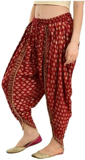 Women Printed Harem Pants, Patiala Dhoti Salwar Pants Red/Gold