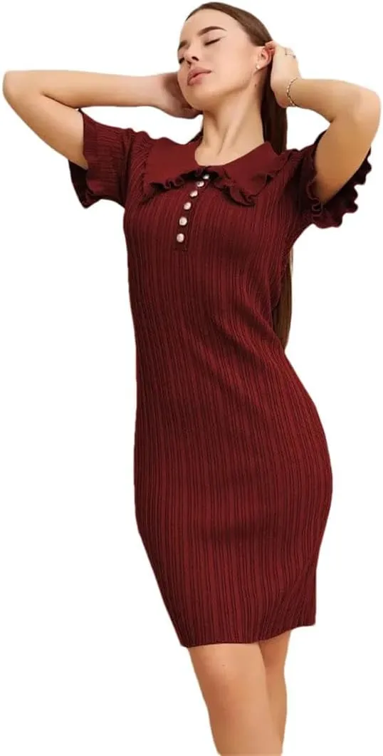 Women Ruffle Dress Retro Short Sleeve Mini Solid Holiday Party Clothes