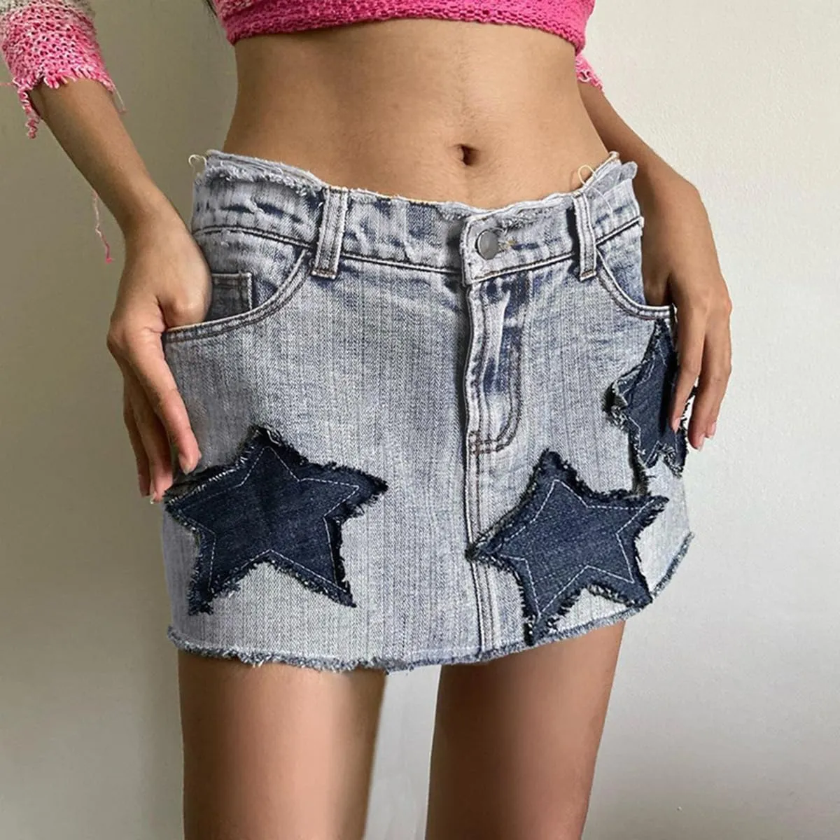 Women Teen Girl High Waisted Star Printed A-Line Y2K 90s Mini Jeans Skirts Trendy Frayed Hem Mini Denim Skirt