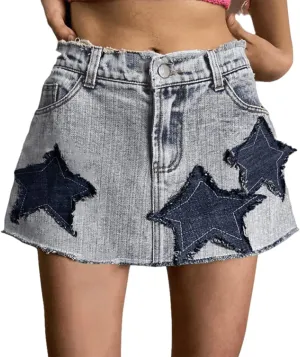Women Teen Girl High Waisted Star Printed A-Line Y2K 90s Mini Jeans Skirts Trendy Frayed Hem Mini Denim Skirt