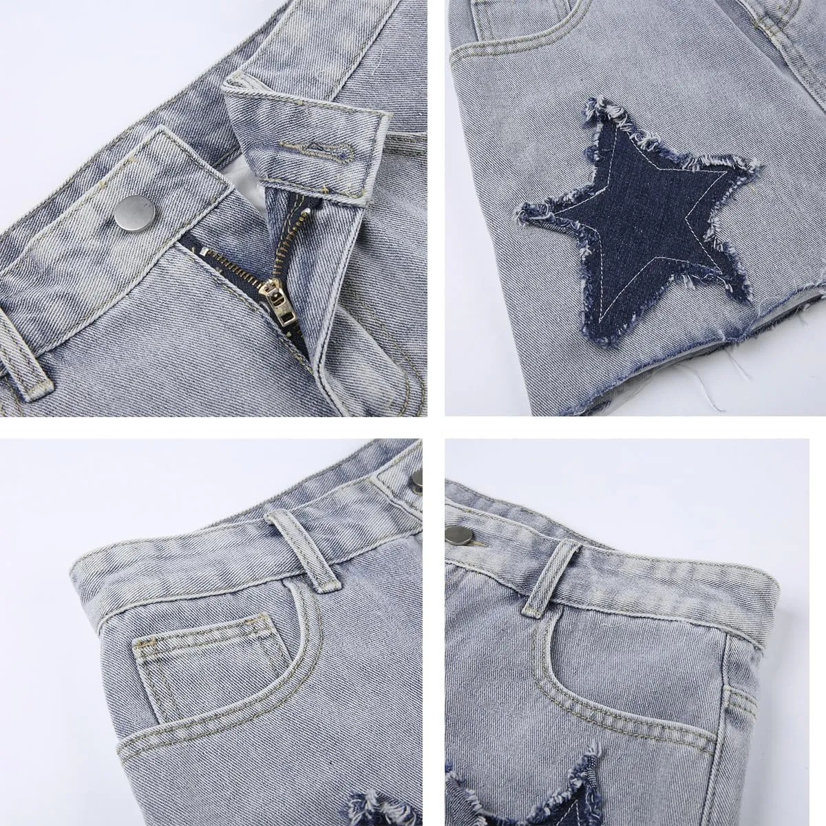 Women Teen Girl High Waisted Star Printed A-Line Y2K 90s Mini Jeans Skirts Trendy Frayed Hem Mini Denim Skirt