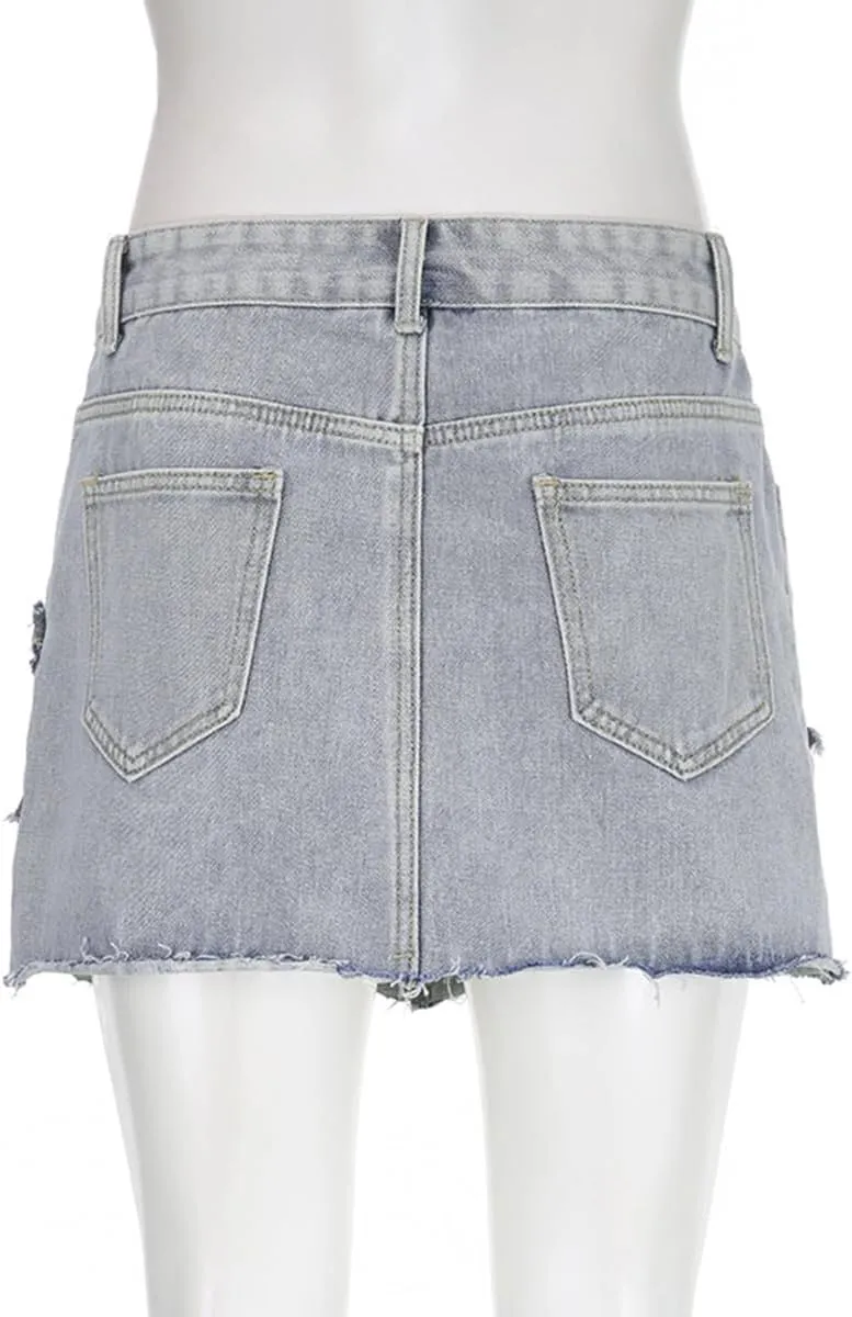 Women Teen Girl High Waisted Star Printed A-Line Y2K 90s Mini Jeans Skirts Trendy Frayed Hem Mini Denim Skirt