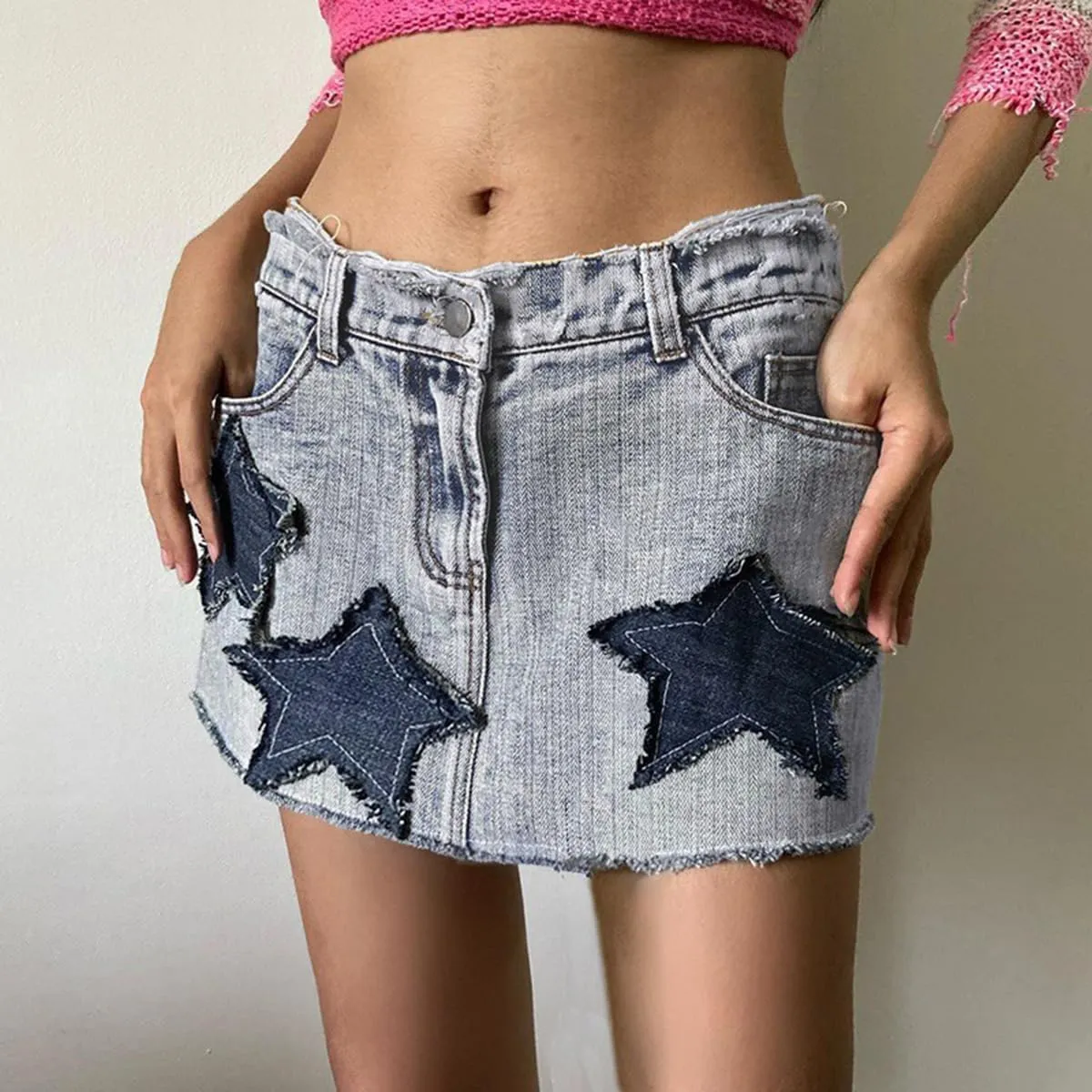 Women Teen Girl High Waisted Star Printed A-Line Y2K 90s Mini Jeans Skirts Trendy Frayed Hem Mini Denim Skirt