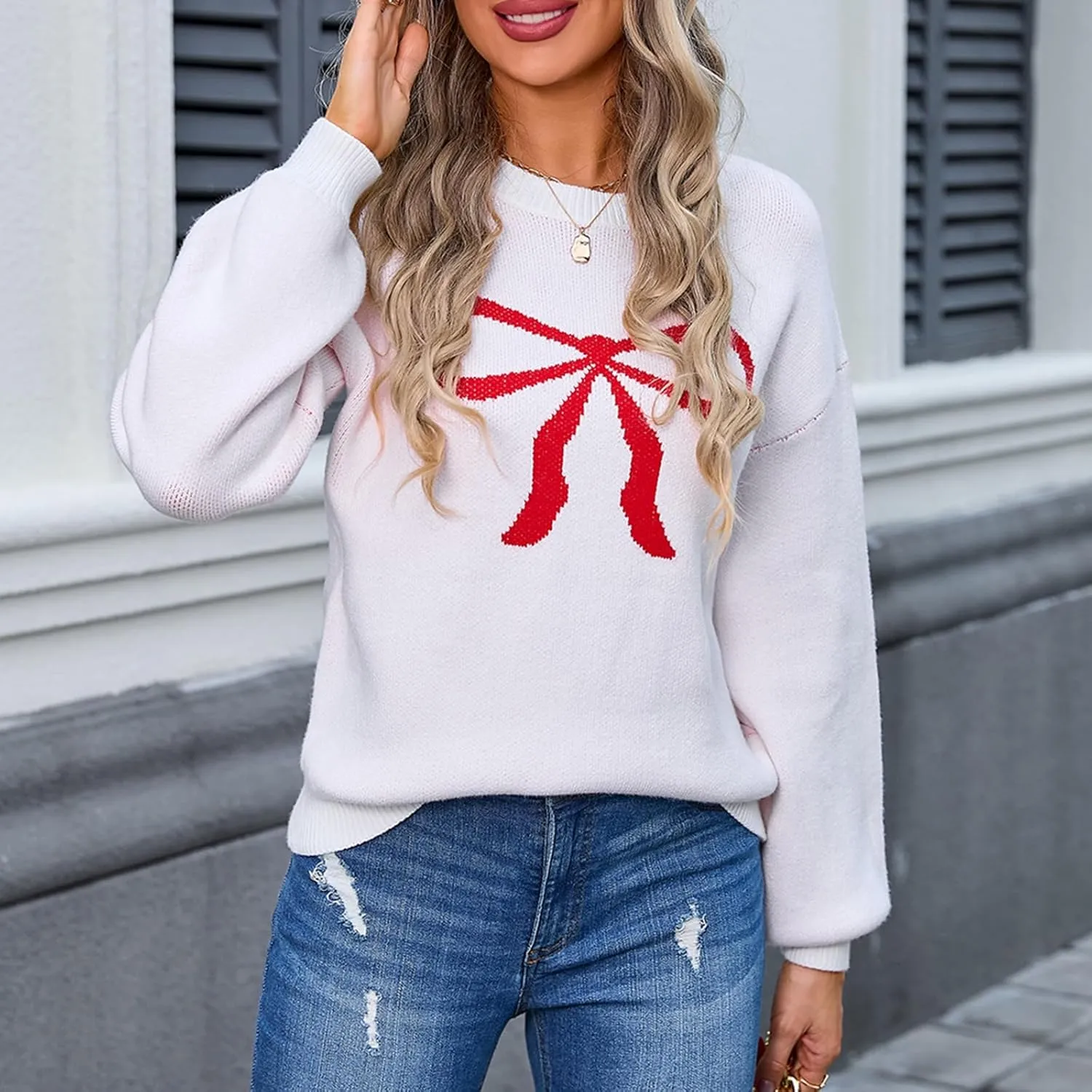 Women Y2K Fall Sweater Cute Bow Print Long Sleeve Cable Knit Pullover Casual Oversized Jumpers for Women