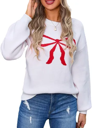 Women Y2K Fall Sweater Cute Bow Print Long Sleeve Cable Knit Pullover Casual Oversized Jumpers for Women