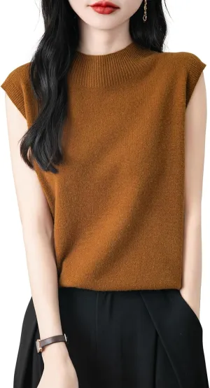 Women's 100% Merino Wool Spring Fall Winter First-Line Ready to Wear Mock Neck Seamless Knit Sleeveless Sweater Vest