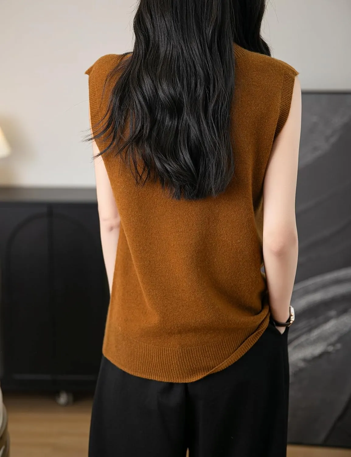 Women's 100% Merino Wool Spring Fall Winter First-Line Ready to Wear Mock Neck Seamless Knit Sleeveless Sweater Vest