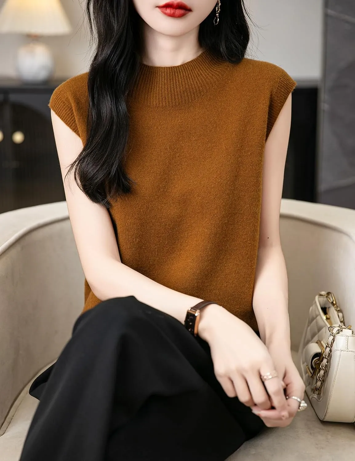 Women's 100% Merino Wool Spring Fall Winter First-Line Ready to Wear Mock Neck Seamless Knit Sleeveless Sweater Vest